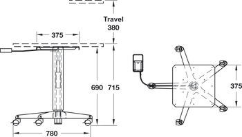 Table column, with gas loaded spring and tilting mechanism