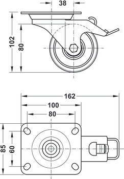 Equipment and swivel castor, with soft running surface