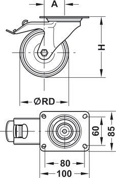 Equipment and swivel castor, with soft running surface