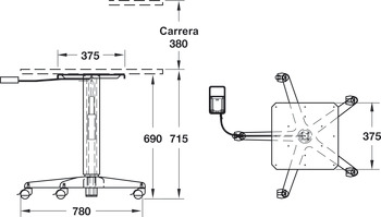 Table column, with gas loaded spring and tilting mechanism