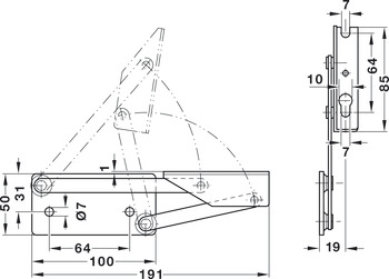 Corner bench hinge, for wooden seat panels, with spring