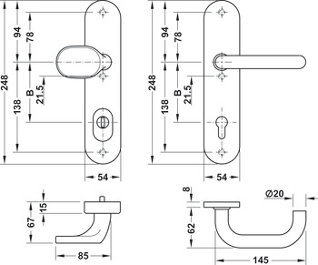 Security door handles, Stainless steel, Startec, SDH 2102, long backplate, with cylinder cover