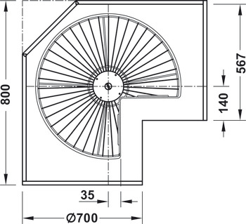 Three quarter circle carousel fitting, Häfele, for corner cabinets, with baskets/shelves