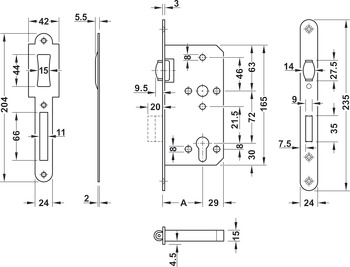 Lock for double action doors, For double action doors, profile cylinder