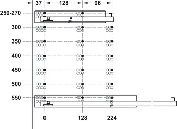 Concealed runner, Häfele Matrix Runner UM A25, single extension, load bearing capacity up to 25 kg, steel, pin installation