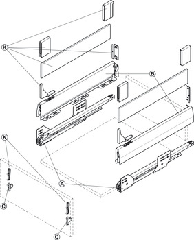 Pull-out set, Häfele Matrix Box P50, with panel holder, drawer side height 92 mm, load bearing capacity 50 kg