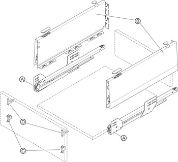 Drawer side runner system, Häfele Matrix Box P35, drawer side height 180 mm