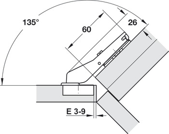 Concealed hinge, Häfele Metalla 510 A/SM 94°, for 45° corner applications, for flush fitted front panels