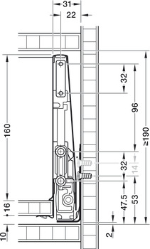 Drawer side runner system, Häfele Matrix Box P35, drawer side height 180 mm