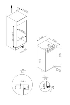 built-in refrigerator, Dim. (W x H): 540 x 880 mm, fixed door