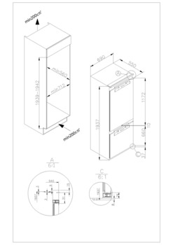 Built-in fridge/freezer combination, Dim. (W x H): 700 x 1,940 mm, fixed door